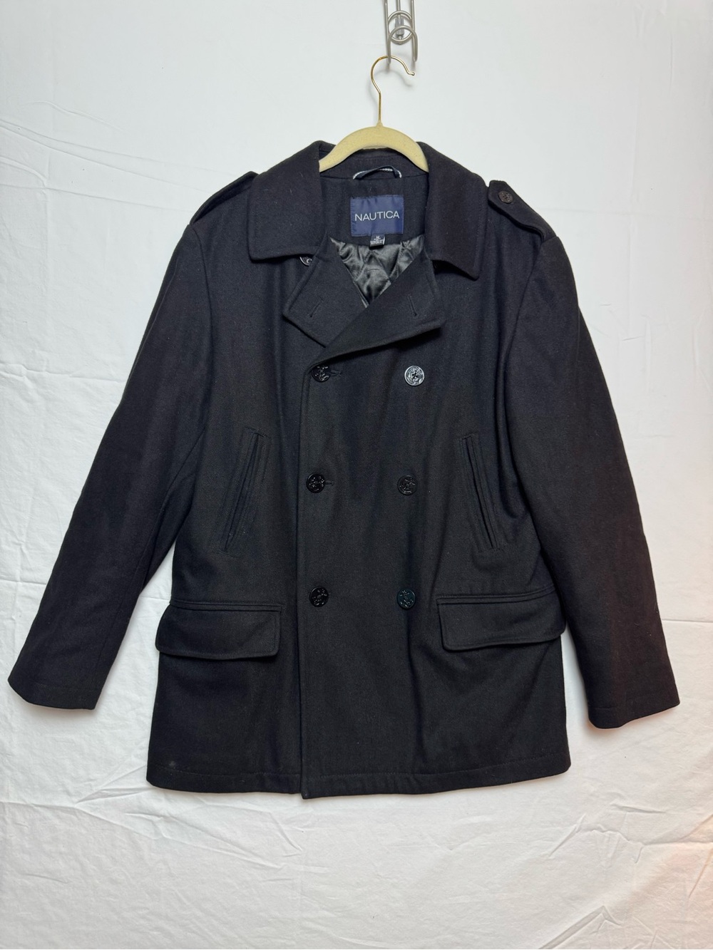 Nautica Wool Men's Black Double-Breasted Peacoat with Epaulets Medium